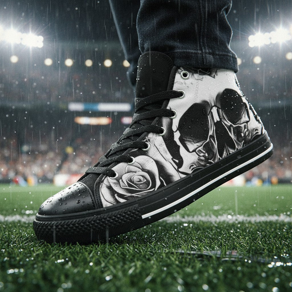 Men's Grey Skull & Roses Black & White high-top canvas shoes, custom full-wrap printed design — Freaky Shoes