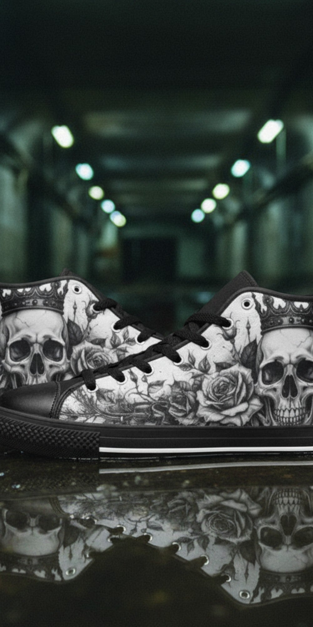 Women's Dark Monochrome Skull Gothic Art hand-made high-top canvas shoes — unique wearable art by Freaky Shoes