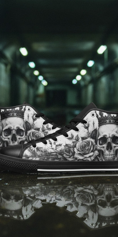 Women's Dark Monochrome Skull Gothic Art hand-made high-top canvas shoes — unique wearable art by Freaky Shoes