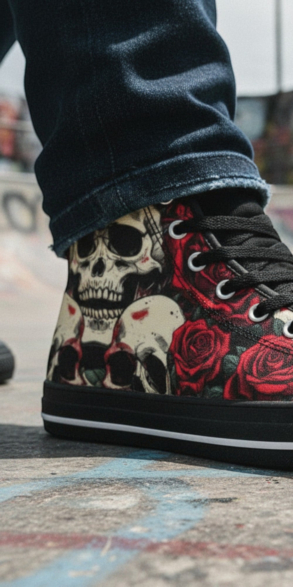 Comic Book Skull & Rose Bold Dark Art | Women's High Top Canvas | Freaky Shoes®