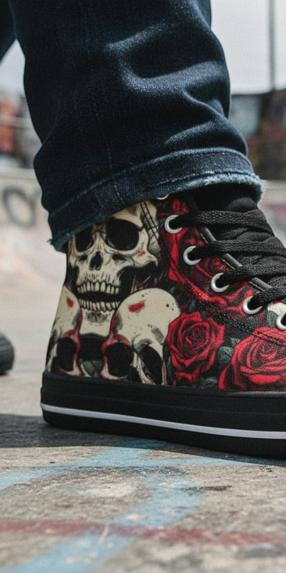 Comic Book Skull & Rose Bold Dark Art | Women's High Top Canvas | Freaky Shoes®