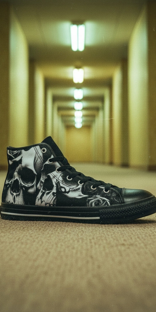 Women's Greyscale Skulls & Roses Black & White custom high-top canvas shoes — wearable art by Freaky Shoes