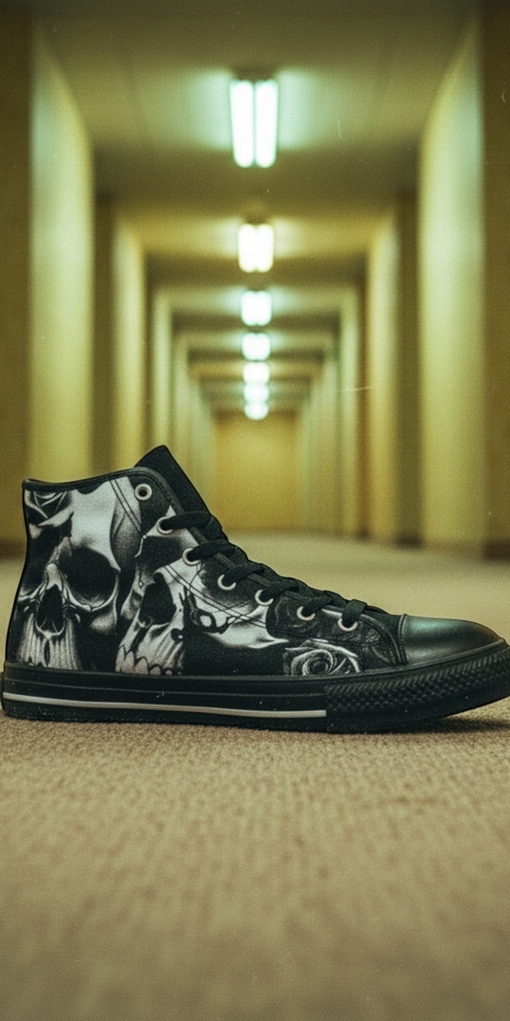 Women's Greyscale Skulls & Roses Black & White custom high-top canvas shoes — wearable art by Freaky Shoes