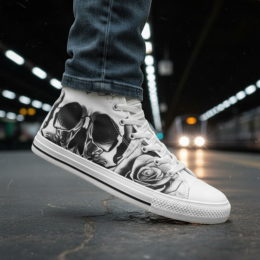 Custom Women's Grey Skull & Roses Black & White high-top canvas shoes with bold all-over art — Freaky Shoes