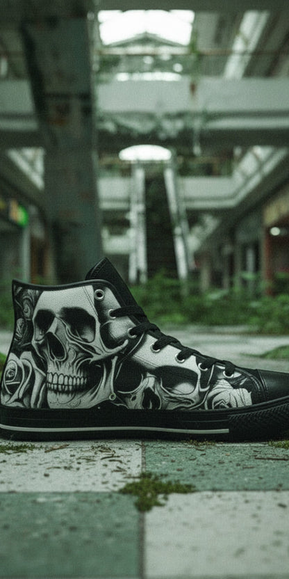 Custom Men's Cartoon Skulls & Roses high-top canvas shoes with bold all-over art — Freaky Shoes