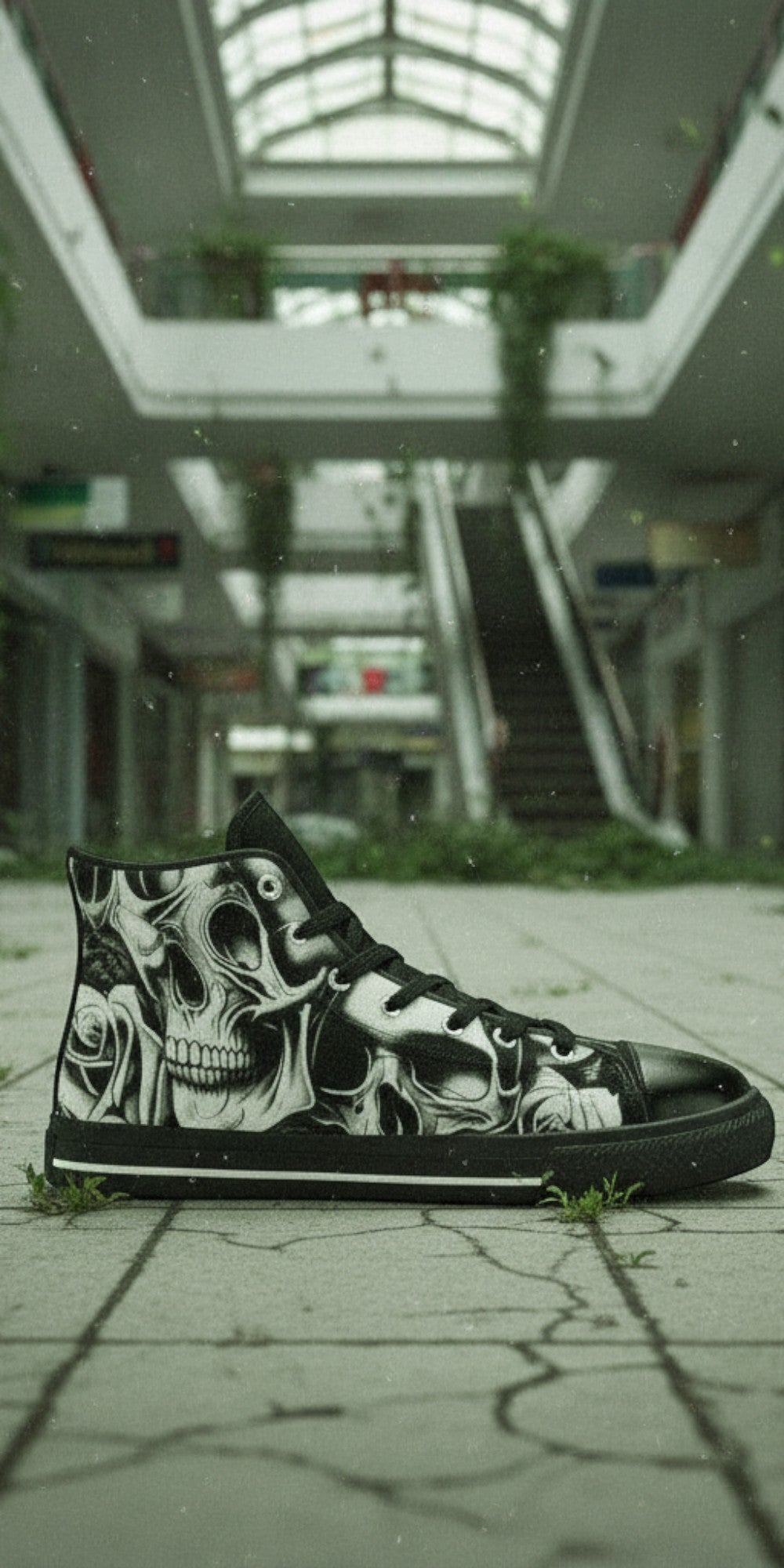 Custom Men's Cartoon Skulls & Roses high-top canvas shoes with bold all-over art — Freaky Shoes