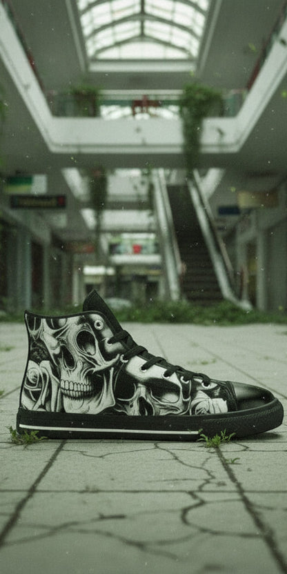 Custom Men's Cartoon Skulls & Roses high-top canvas shoes with bold all-over art — Freaky Shoes
