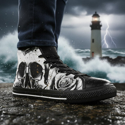 Men's Grey Skull & Roses Black & White high-top canvas shoes, custom full-wrap printed design — Freaky Shoes