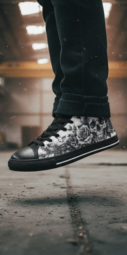 Freaky Shoes® men's gothic high top canvas sneakers featuring a black and white skull and rose print in an urban setting