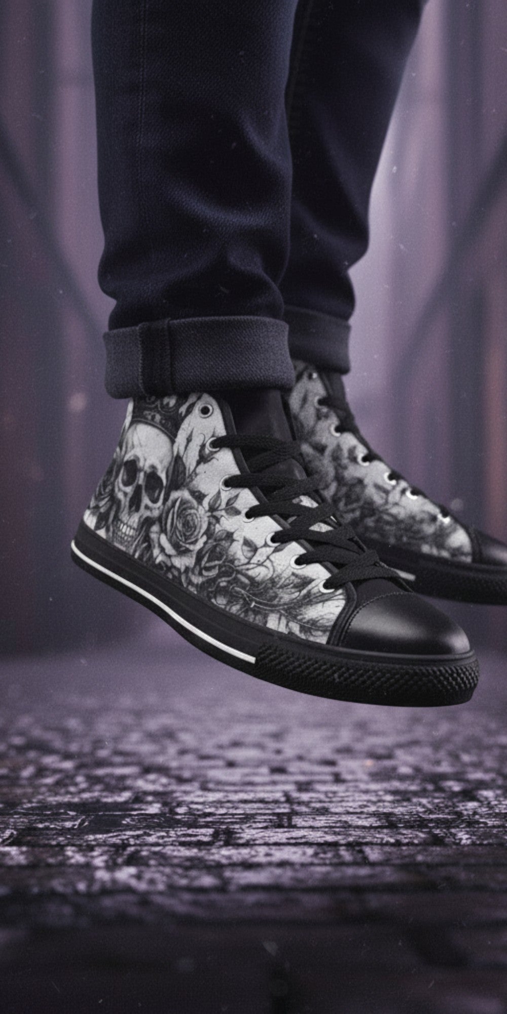 Freaky Shoes® men's gothic high-top canvas sneakers featuring a black and white skull and rose art print.