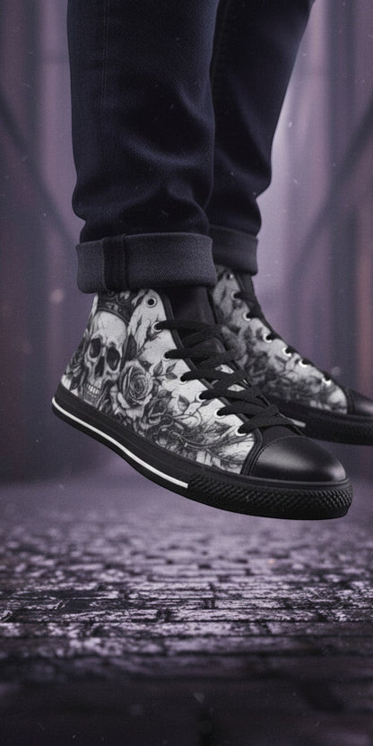 Men's Dark Skull Rose Art Gothic hand-made high-top canvas shoes — unique wearable art by Freaky Shoes