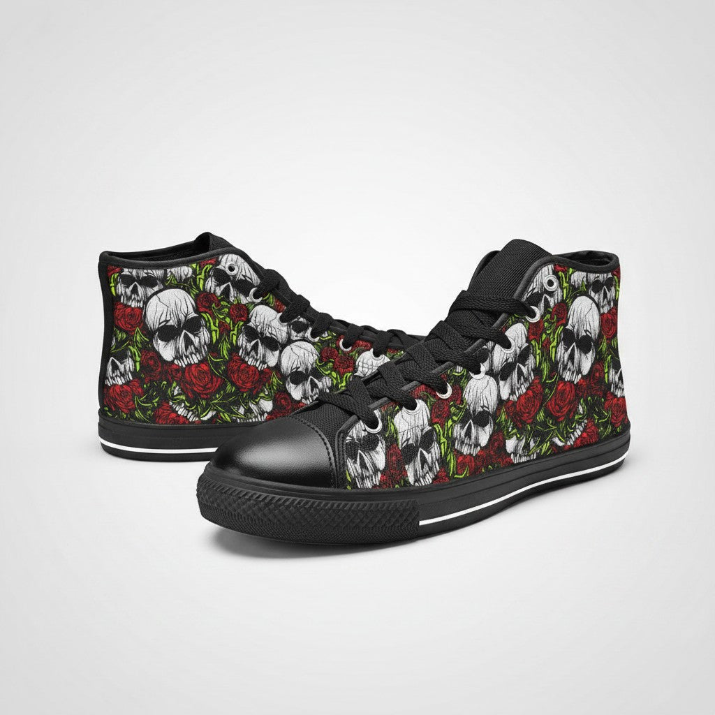 Freaky Shoes® women's high-top canvas sneakers featuring a black, white, and red skull and rose floral print.