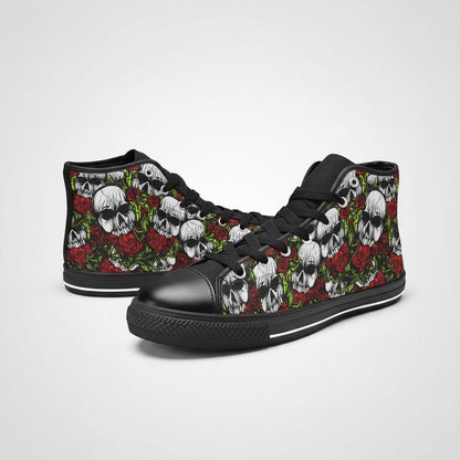 Freaky Shoes® women's high-top canvas sneakers featuring a black, white, and red skull and rose floral print.