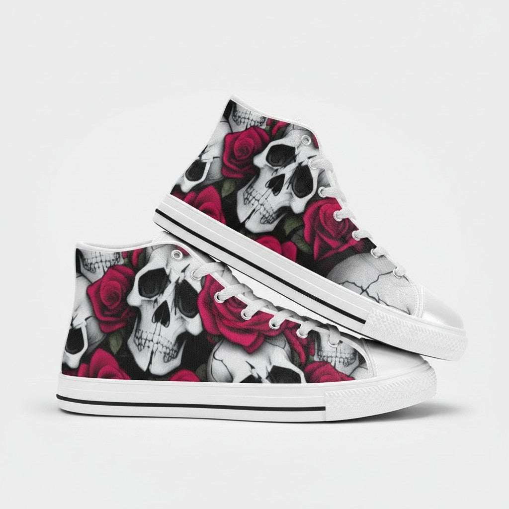 Freaky Shoes® women's high-top canvas sneakers featuring a bold black and white skull and red rose floral print.