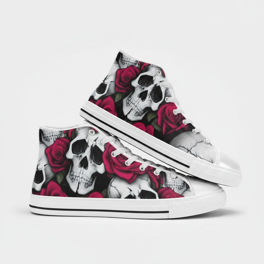 Freaky Shoes® women's high-top canvas sneakers featuring a bold black and white skull and red rose floral print.
