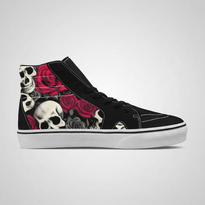 Freaky Shoes® high-top canvas sneakers featuring a vibrant skull and red rose pattern on a black background