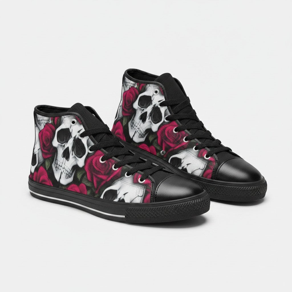 Freaky Shoes® men's high-top canvas sneakers featuring a bold black, white, and red skull and rose art print.