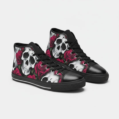 Freaky Shoes® men's high-top canvas sneakers featuring a bold black, white, and red skull and rose art print.