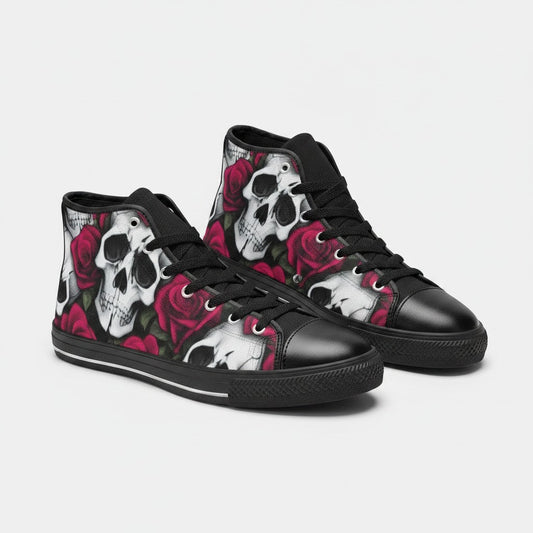 Freaky Shoes® men's high-top canvas sneakers featuring a bold black, white, and red skull and rose art print.