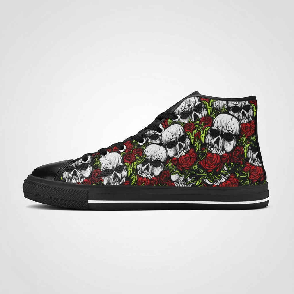 Freaky Shoes® women's high-top canvas sneakers featuring a black, white, and red skull and rose floral print pattern.
