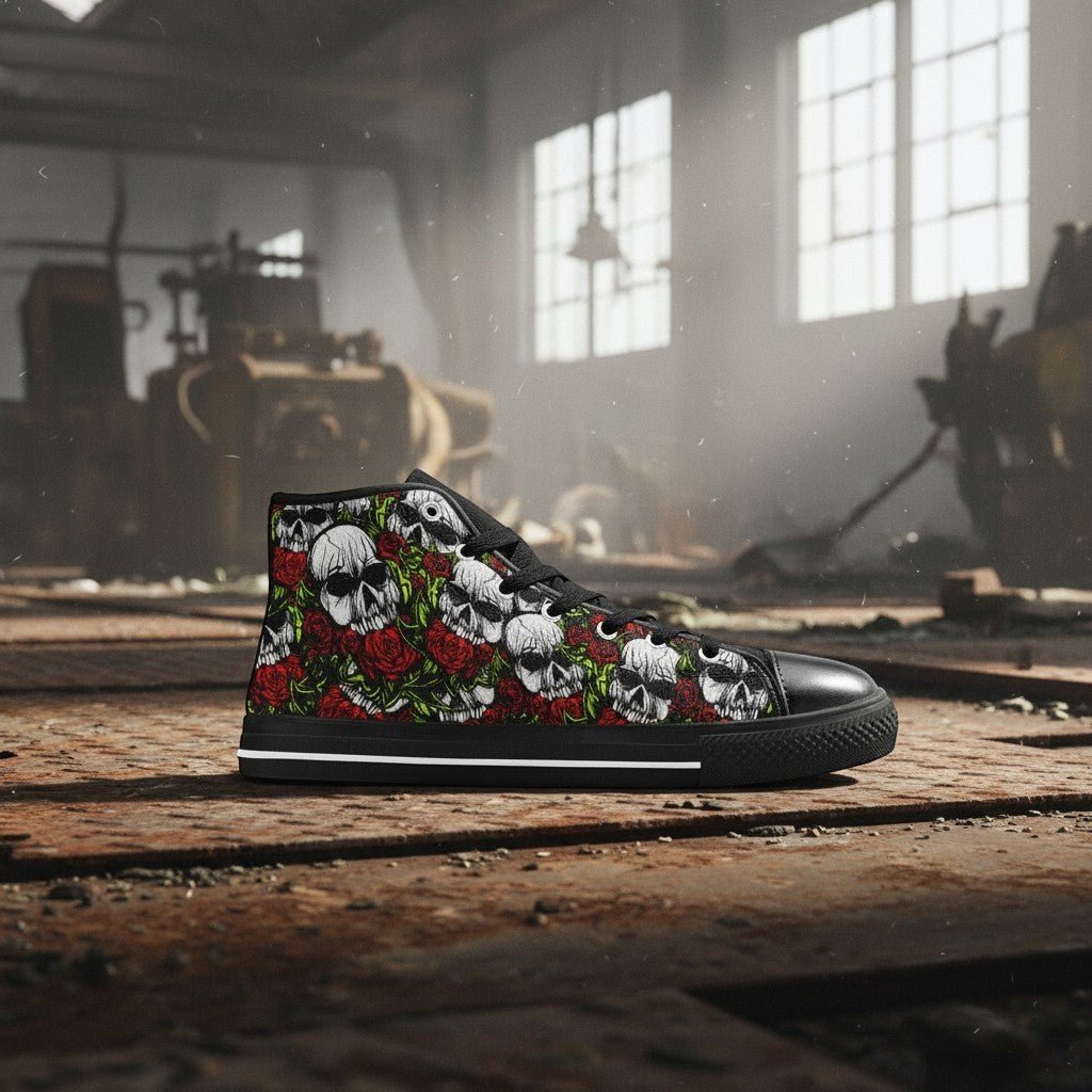 Freaky Shoes® high-top canvas sneakers featuring a vibrant skull and red rose print on a black background