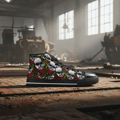 Freaky Shoes® high-top canvas sneakers featuring a vibrant skull and red rose print on a black background