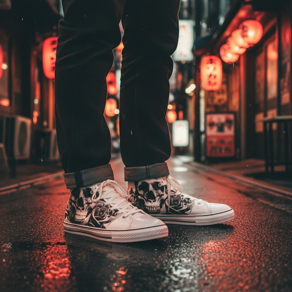 Freaky Shoes® high-top canvas sneakers featuring a black and white cartoon skull and rose print on a wet city street.