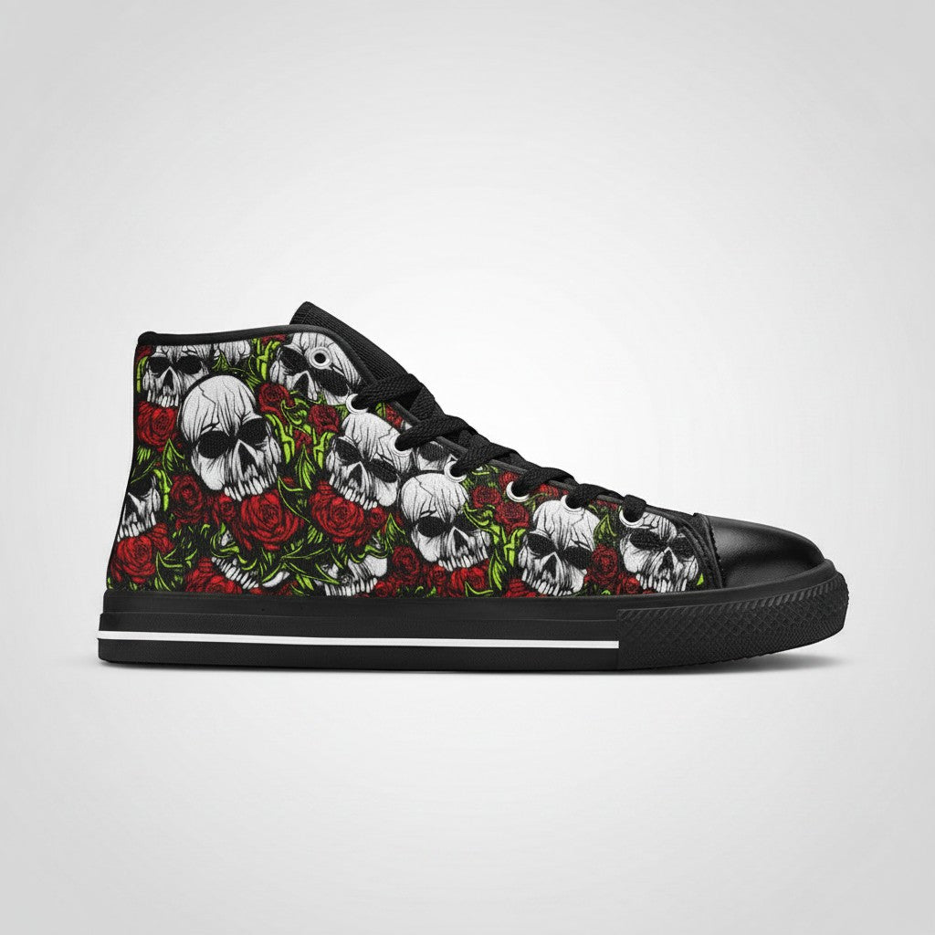 Freaky Shoes® women's high-top canvas sneakers featuring a bold skull and red rose print with black trim and laces.