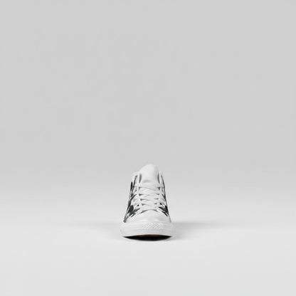 Freaky Shoes® women's high-top canvas sneakers featuring a black and white cartoon skull and rose print