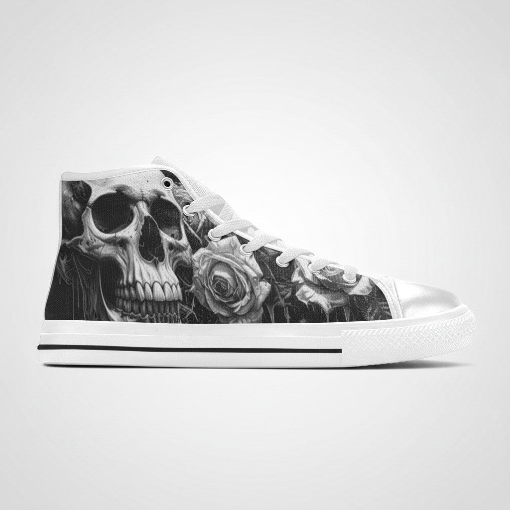 Freaky Shoes® high top canvas sneakers featuring a gothic grey and black skull and rose print with white laces.