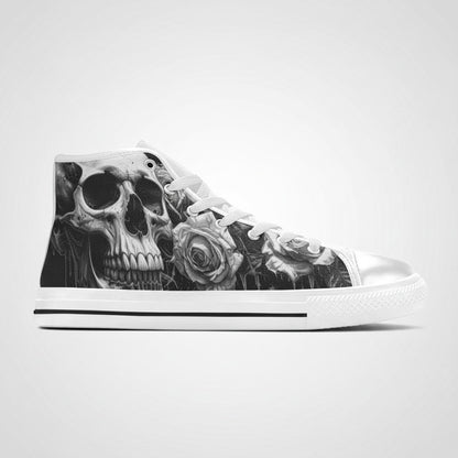 Freaky Shoes® high top canvas sneakers featuring a gothic grey and black skull and rose print with white laces.