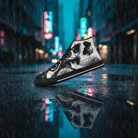 Freaky Shoes® black and white high-top canvas sneakers featuring a detailed skull and rose graphic print.