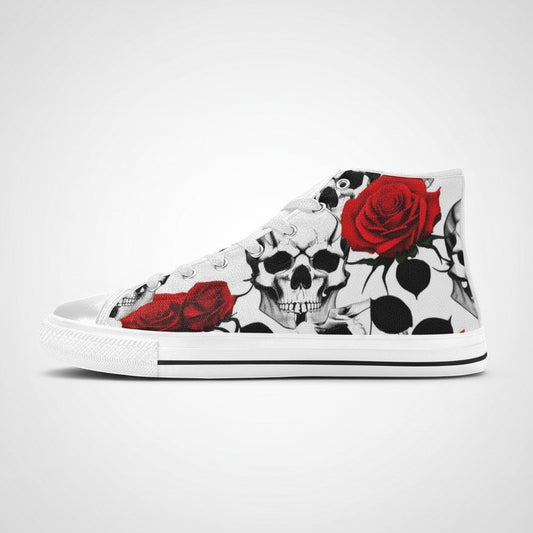 Freaky Shoes® high-top canvas sneakers featuring a bold black and white skull and red rose print pattern