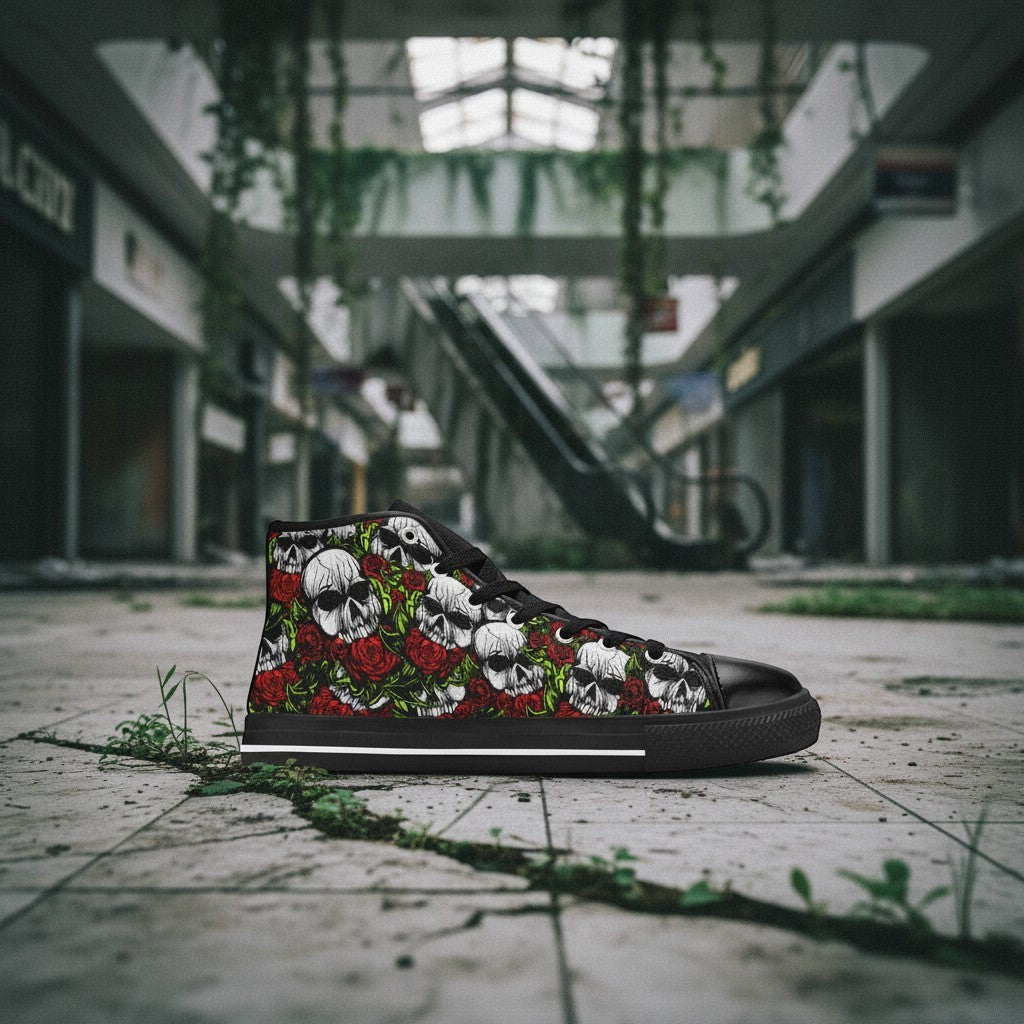 Freaky Shoes® women's high-top canvas sneakers featuring a black, white, and red skull and rose floral print pattern.