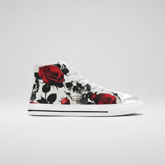 Freaky Shoes® men's high-top canvas sneakers featuring a vivid skull and red rose print on a white background.