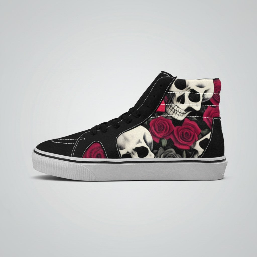 Freaky Shoes® women's black high-top canvas skateboarding shoes featuring a vibrant skull and red rose print.