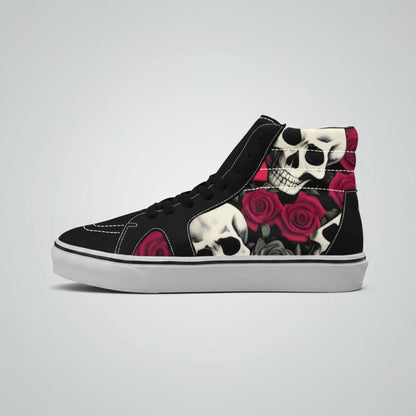 Freaky Shoes® women's black high-top canvas skateboarding shoes featuring a vibrant skull and red rose print.