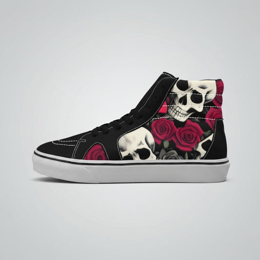 Freaky Shoes® women's black high-top canvas skateboarding shoes featuring a vibrant skull and red rose print.