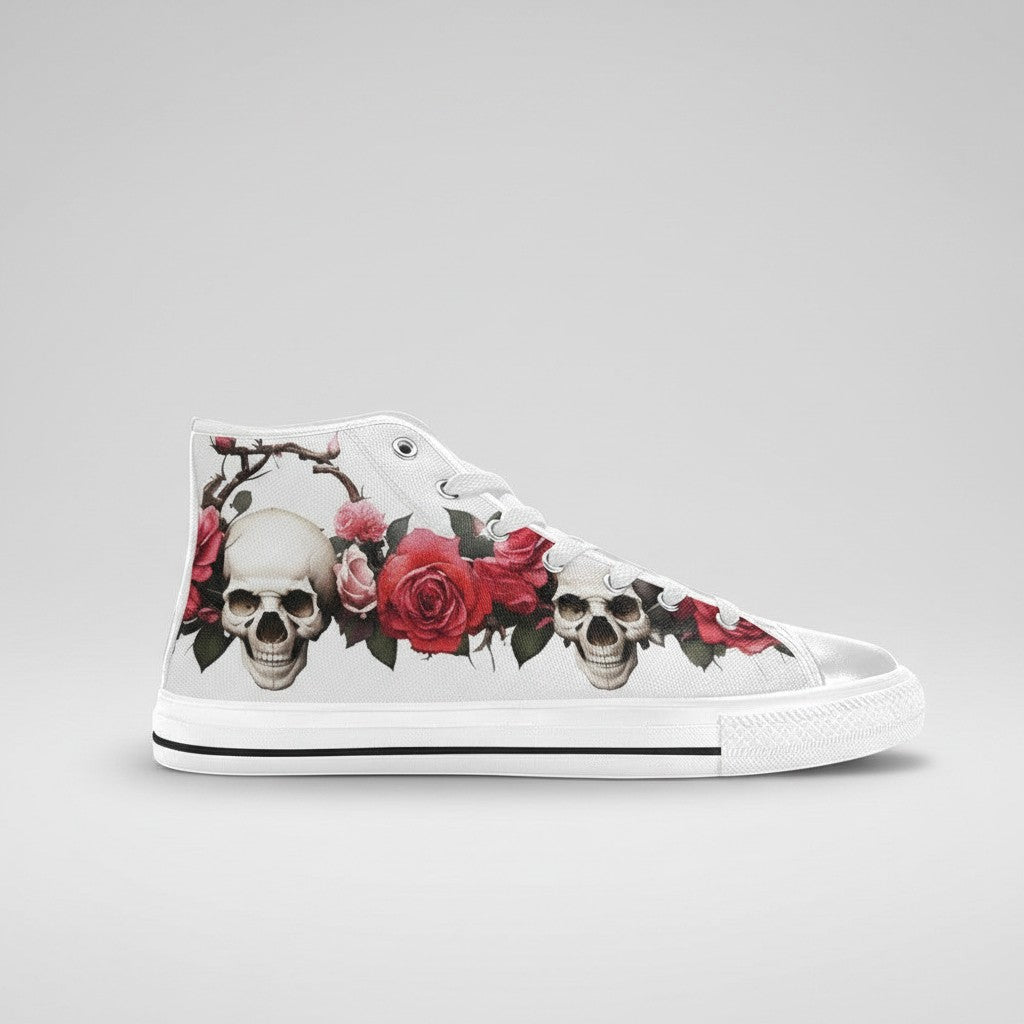 Freaky Shoes® men's high-top canvas sneakers featuring a white base with a detailed skull and red rose floral print.