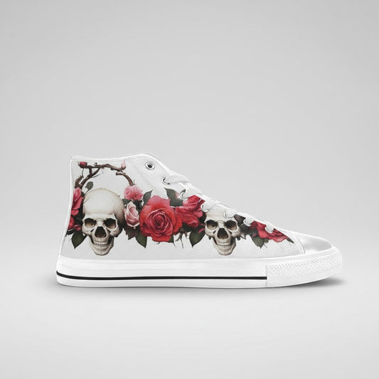 Freaky Shoes® men's high-top canvas sneakers featuring a white base with a detailed skull and red rose floral print.