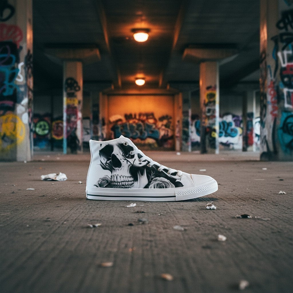 Freaky Shoes® high-top canvas sneakers featuring a black and white skull and rose print in an urban graffiti setting