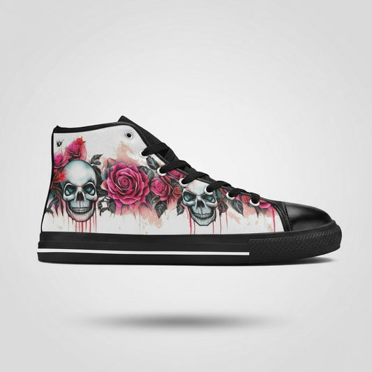 Freaky Shoes® men's high-top canvas sneakers featuring a white base with a vibrant skull and red rose graphic print.