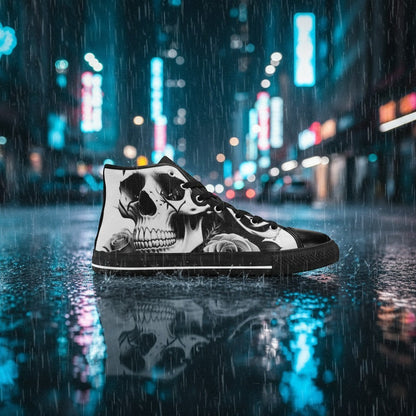 Freaky Shoes® high-top canvas sneakers featuring a black and white skull and rose print on a rainy city street.