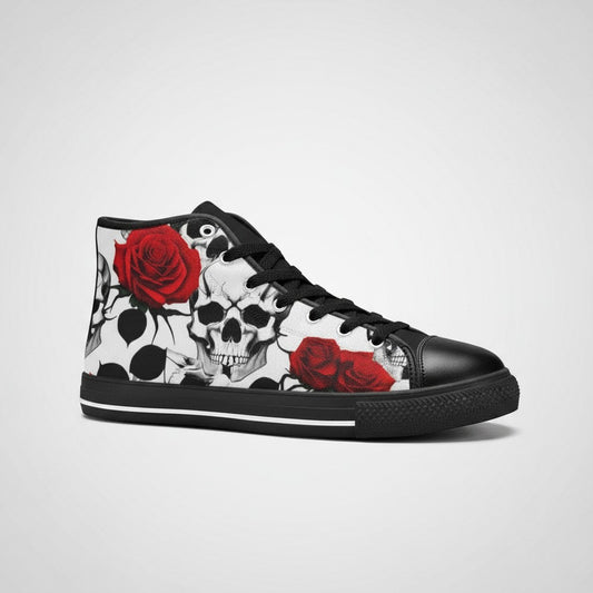 Freaky Shoes® high-top canvas sneakers featuring a bold black and white skull and red rose print with black laces.