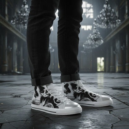 Freaky Shoes® men's high-top canvas sneakers featuring a black and white skull and rose print on a dark background.