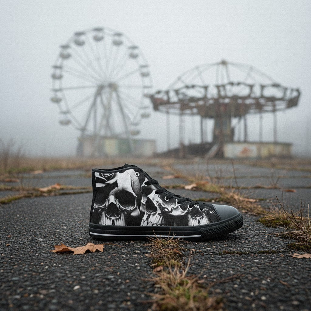 Freaky Shoes® high-top canvas sneakers featuring a black and white greyscale skull and rose print on asphalt.