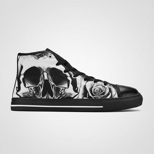 Freaky Shoes® high-top canvas sneakers featuring a black and white skull and rose graphic print on a grey background