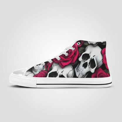 Freaky Shoes® men's high-top canvas sneakers featuring a bold skull and red rose art print on a white base.