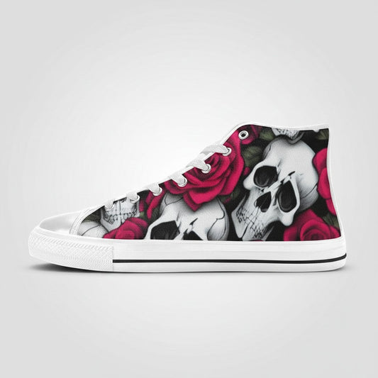 Freaky Shoes® men's high-top canvas sneakers featuring a bold skull and red rose art print on a white base.