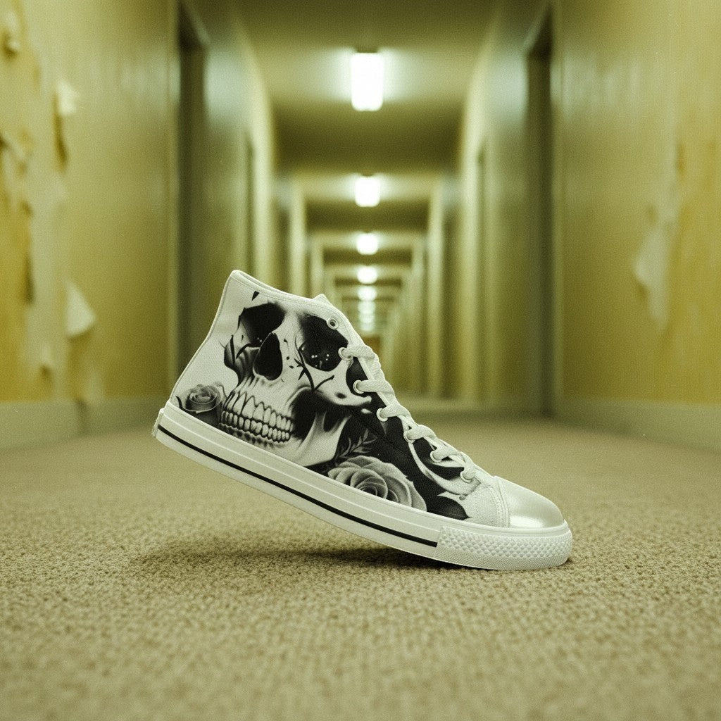 Freaky Shoes® high-top canvas sneakers featuring a black and white skull and rose print in a hallway setting.